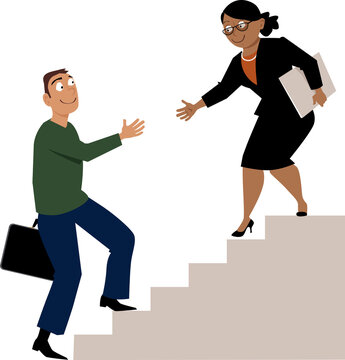 Senior black woman helping young protégé to go up career ladder, EPS 8 vector illustration 