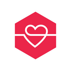 Red heart shape logo template, love line icon, like symbol vector, hexagon shape illustration