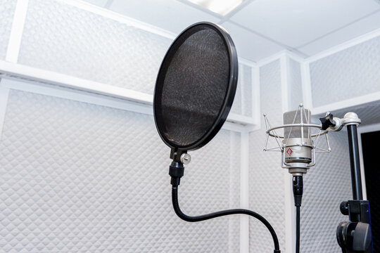 Minsk. Belarus - 31.03.2021: In a recording studio, the professional microphone for studio recording, sound recording of films.