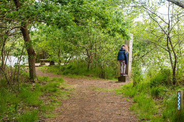 pretty little girl discovering the forest thanks to a fun course