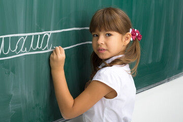 Serious schoolgirl standing at blackboard