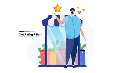 Fototapeta na wymiar A man rated 5 stars on online shop vector illustration