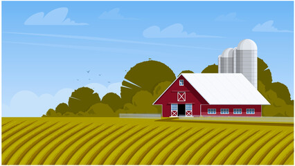 Obraz na płótnie Canvas Country landscape. Farm with grain storage and field on a blue sky background