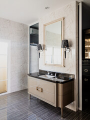 Brown-gold console Placed under the mirror frame in front of the wardrobe room
