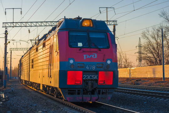 SHARYA, RUSSIA - APRIL 11, 2021: Russian electric locomotive 2ES5K "Ermak" close-up on an April evening. Northern railway