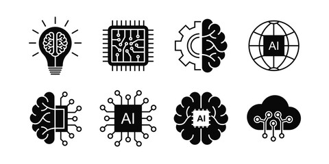 Artificial Intelligence related vector icons. Contains such as smart robotic, machine learning, and technology of cloud computing network.