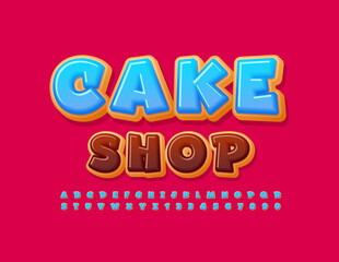 Vector colorful Poster Cake Shop.  Blue Glazed delicious funny Font. Artistic Alphabet Letters and Numbers