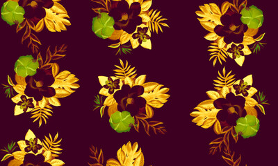 Naklejka na ściany i meble Vintage Seamless Art. Yellow Pattern Botanical. Black Tropical Vintage. Golden Floral Vintage. Beige Flora Leaves. Violet Spring Design. Watercolor Exotic.