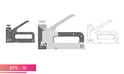 Set, Construction stapler in a metal case. Linear, solid and realistic design. On a white background. Tools for workers. Flat vector illustration.