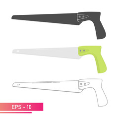 A set, a small handy saw for a carpenter. Linear, solid and realistic design. On a white background. Carpenter tools. Flat vector illustration.