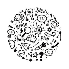Hand drawn set of brainstorm, idea, brain elements. Doodle sketch style. Isolated vector illustration for a innovation, brainstorm, start up concept.