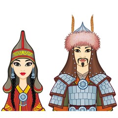 Animation  portrait of  Asian family in a national hat and clothes. Man warrior and Amazon woman. Central Asia. Vector illustration isolated on a white background.