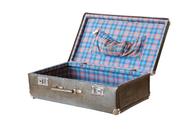 Old vintage leather open suitcase isolated on white background