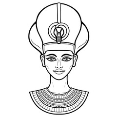 Animation portrait of beautiful Egyptian woman in the military crown. Goddess, princess, queen. Vector illustration isolated on a white background. Print, poster, t-shirt, tattoo.