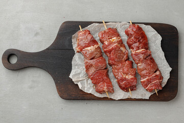 Raw beef kebab on skewers ready for barbecue