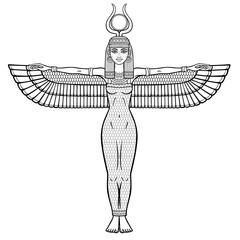 Animation portrait: Egyptian winged goddess Isis with horns and a disk of sun on the head. Full growth. Vector illustration isolated on a white background. Print, poster, t-shirt, tattoo.