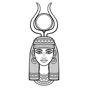 Animation portrait of beautiful Egyptian woman in ancient hairstyle, with horns and a disk of sun on the head. Goddess Isis. Vector illustration isolated on a white background. Print, poster, t-shirt