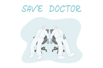 Vector - Doctor or nurse sleeping on chair with uniform and face mask. Tired and rest from helping patient. Coronavirus (Covid-19) pandemic. Thank you and Save Doctor. 