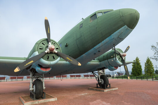 LADOZHSKOE OZERO, RUSSIA - SEPTEMBER 07, 2018: Military transport aircraft Li-2 close-up. Exhibit of the Museum "Road of Life", dedicated to the siege of Leningrad