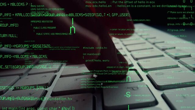 Creative visual of computer programming coding and software development shown by man working on computer keyboard with overlay of computer graphic displaying abstract program codes and computer script