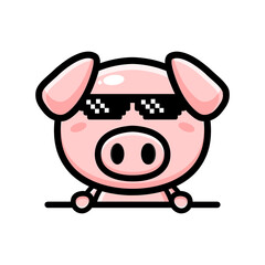Vector design of a cute and cool half pig animal character wearing glasses