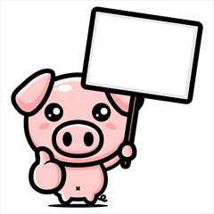 vector design of cute pig animal character holding a text board