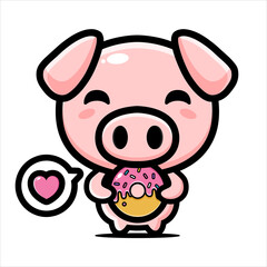 vector design of cute pig animal character eating a donut