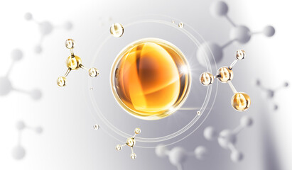 Cosmetic Essence oil Liquid drop with molecule on a white background, 3d rendering. - obrazy, fototapety, plakaty