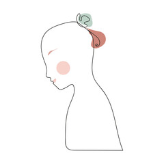 The silhouette of the girl is made in the outline style, minimalistic. The colors are pink, brown, and green. Stock illustration.