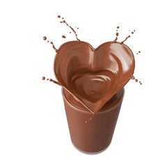 Chocolate splash in heart shape on milk glass, 3d illustration with Clipping path.