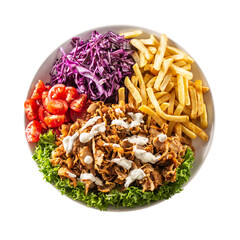 Top view isolated traditional Turkish chicken kebab prepared with lovely fries, fresh vegetables...