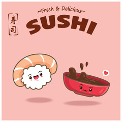 Vintage Japanese food poster design with vector sushi characters. Chinese word means sushi.