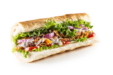 Isolated Turkish kebab baguette with generous portion of vegetables and properly grilled veal or...