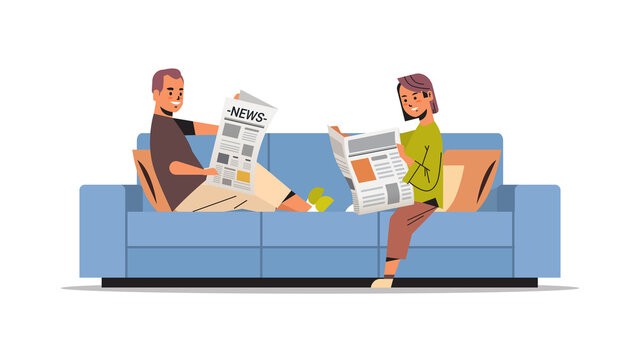 couple holding newspapers man woman sitting n sofa reading daily news press mass media concept
