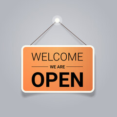 welcome we are open door advertising sign store opening concept label with text flat