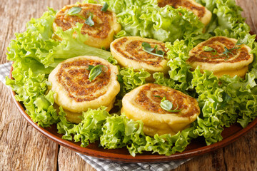 Food Fleischschnacka French Alsatian dish made from cooked meat stuffing rolled in a fresh egg pasta close-up in a plate on the table. Horizontal
