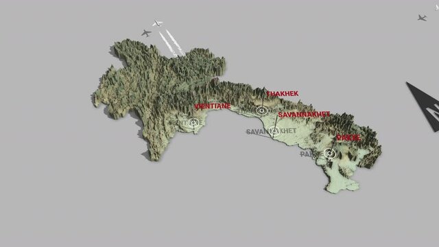 Seamless looping animation of the 3d terrain map of Laos with the capital and the biggest cites in 4K resolution