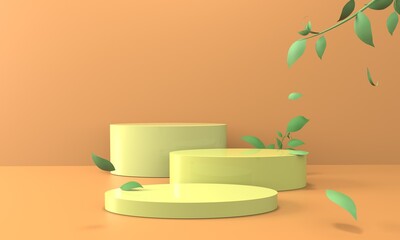 3d orange background products with yellow display podium scene with geometric platform. Stand display cosmetic product 3d background. Stage product on pedestal display steps green. 3d illustration.