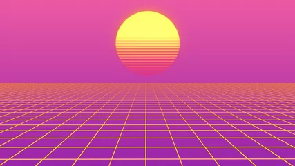 Poster Retro abstracte achtergrond futuristische neon landschapsstijl van de jaren 80. Perspectiefraster in retro stijl. Digitale cyber-oppervlaktestijl van de jaren 80. jaren 80 feest. Palmbomen en zon. zonsopkomst en zonsondergang © Abstract51