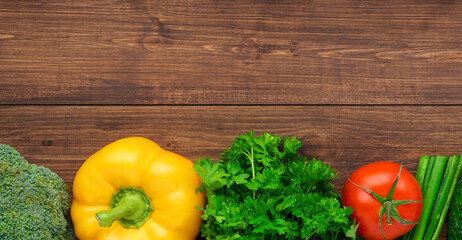 Selection of fresh products for preparing healthy and delicious vegetarian and vegan food. Various vegetables and fruits lie on the table. Flat lay.
