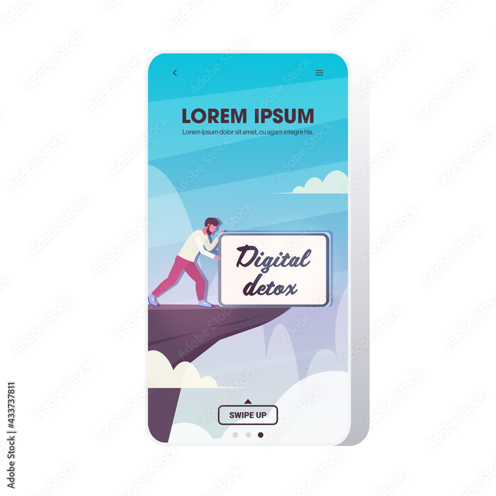 Poster man pushing tablet with digital detox text into abyss guy abandoning gadgets internet and social net