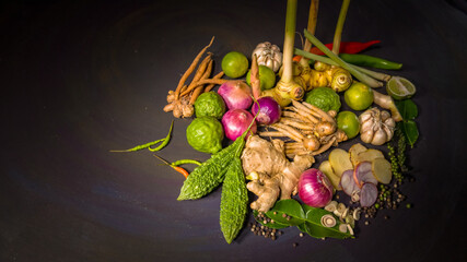Condiments with a spicy taste..Thai herbs can cure COVID virus Spicy foods can stop the growth of the virus..image with herb background