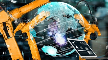 Smart industry robot arms modernization for innovative factory technology . Concept of automation...