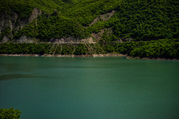 Famous Zhinvali reservoir in Caucasus mountains in Georgia