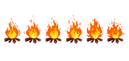 Vector cartoon style set of game camp fire sprites for animation. Game user interface element for video games, computer or web design. Bonfire burning frames.