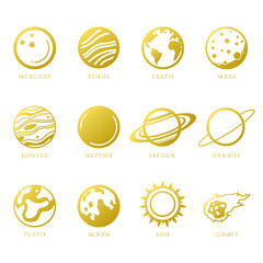 solar system planets. Astronomical observatory small planet pluto, venus mercury earth moon neptune uranus meteor crater and star universe astronaut sign. Astronomy galaxy space vector isolated Golden © Eakglory