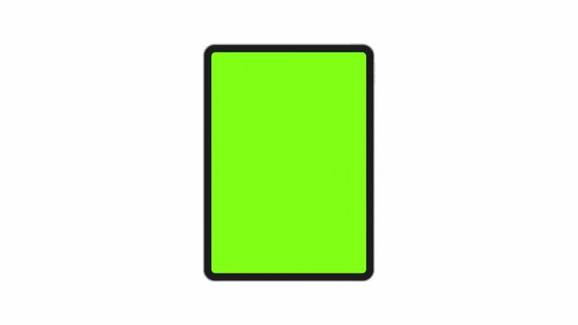 Tablet Animated Mockup with Blank Green Screen, Front View, Isolated on White Background. Animation With Camera Track Motion