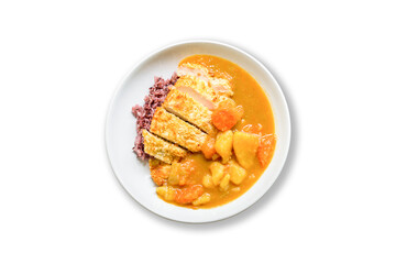 Japanese curry with rice, carrot, potato and deep fries chicken in white dish isolated on white background, clipping path.