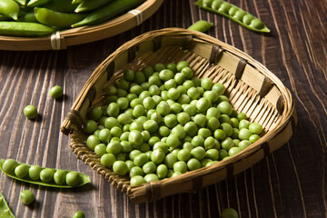 green pea vegetable bean  on wood background