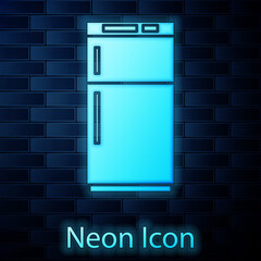 Glowing neon Refrigerator icon isolated on brick wall background. Fridge freezer refrigerator. Household tech and appliances. Vector Illustration